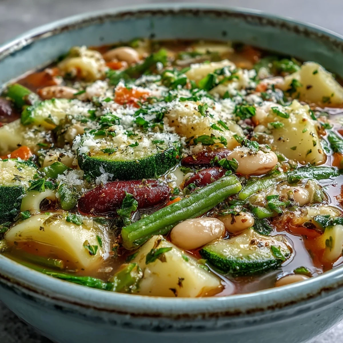 Colorful Minestrone Vegetable Soup simmering in a pot with visible beans, pasta, and fresh spinach.