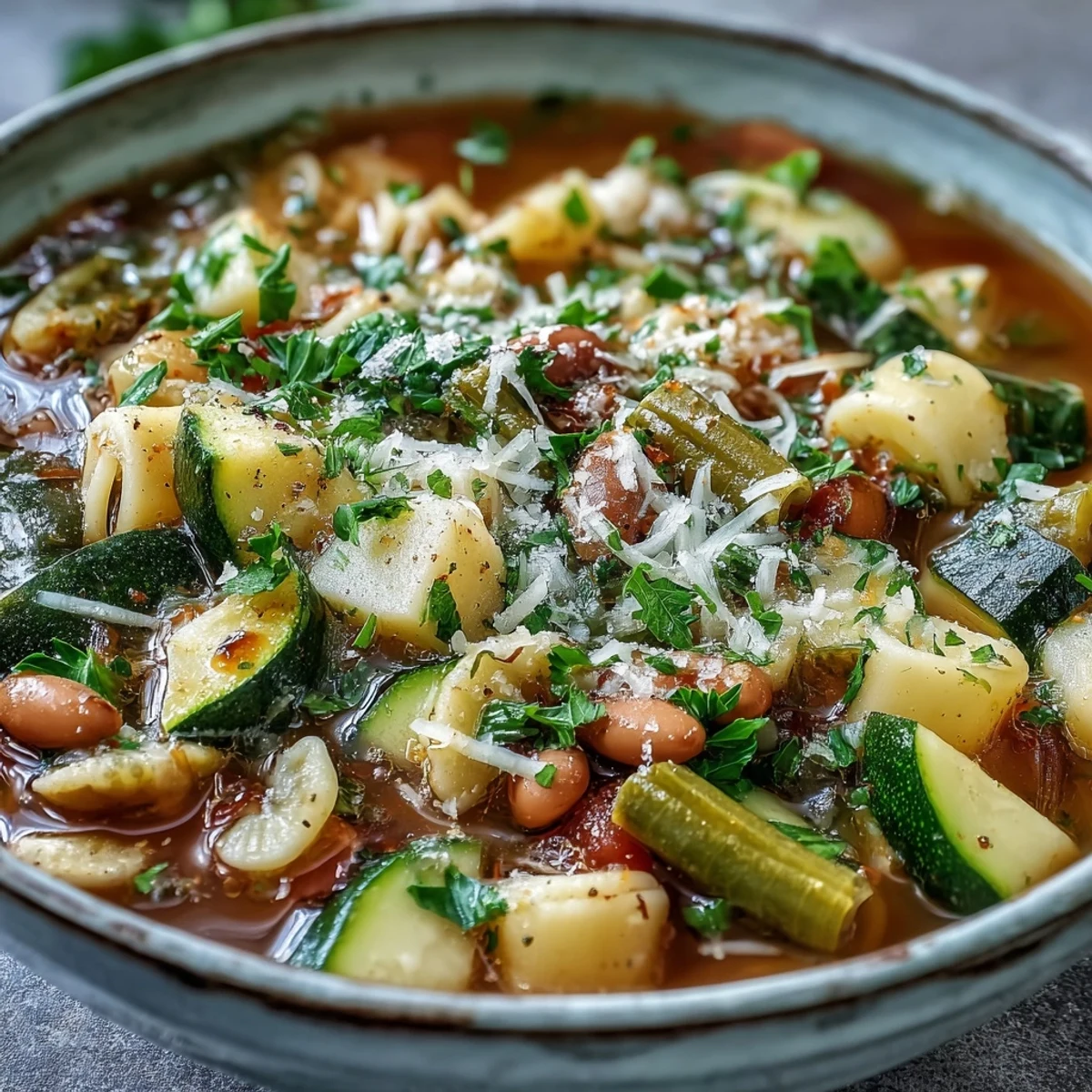 Close-up of a serving of Minestrone Vegetable Soup next to a slice of crusty bread.