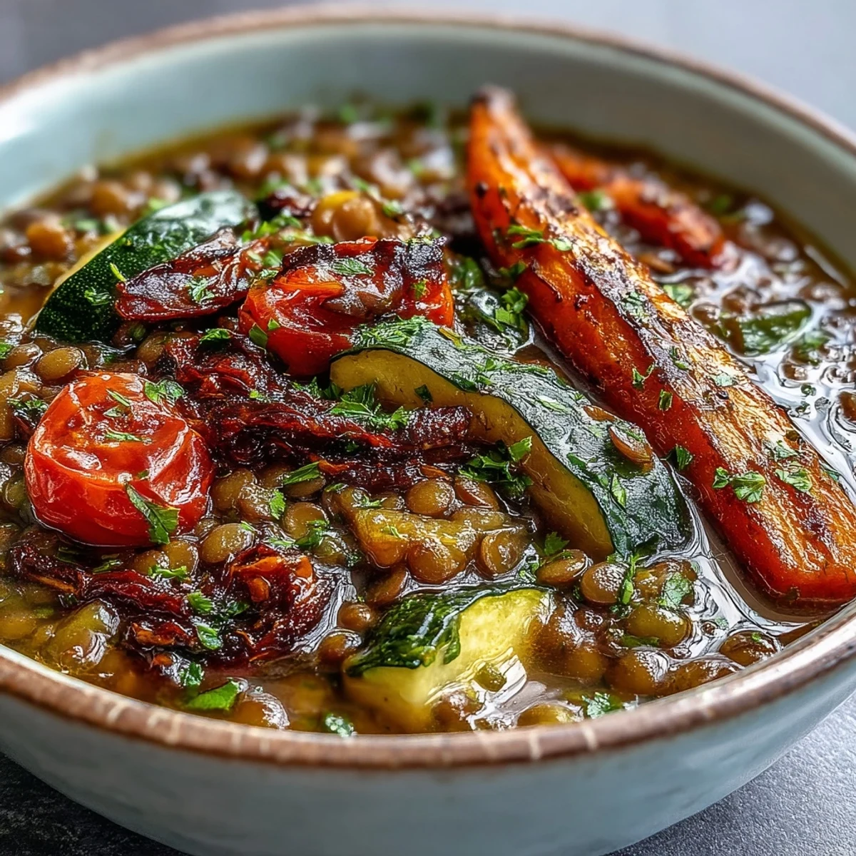 A rustic pot of Lentil and Vegetable Soup sits beside crusty bread, ready for a cozy, nourishing family meal.