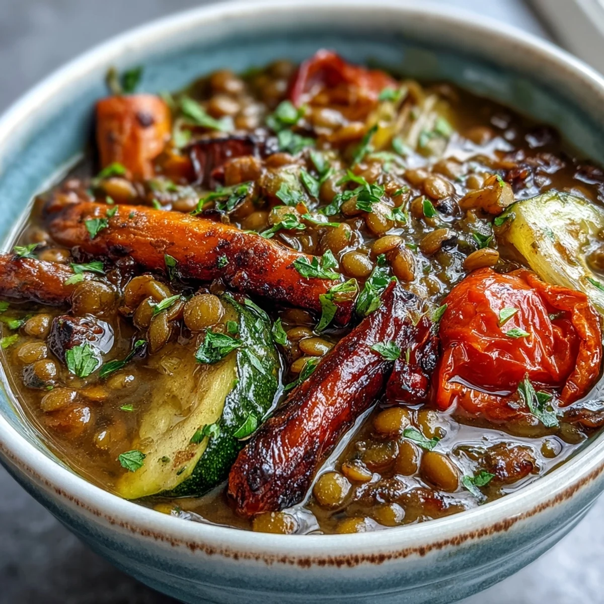Close-up of savory Lentil and Vegetable Soup garnished with fresh parsley, highlighting roasted zucchini and red bell pepper.