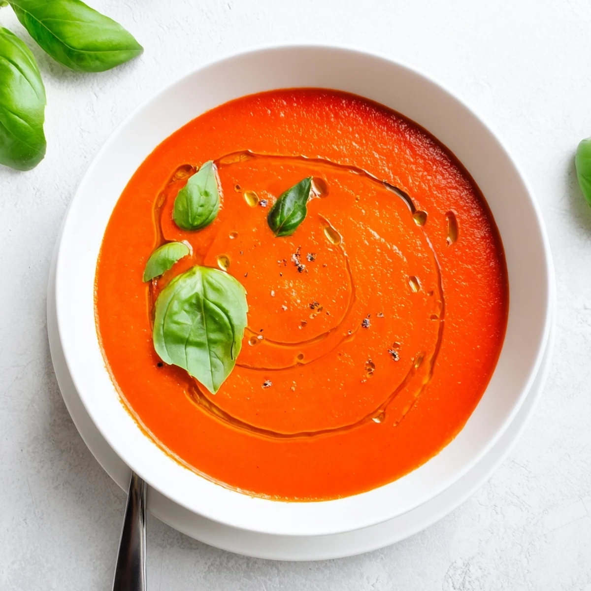 Silky smooth Tomato and Basil Soup topped with fresh basil leaves and a drizzle of extra virgin olive oil.