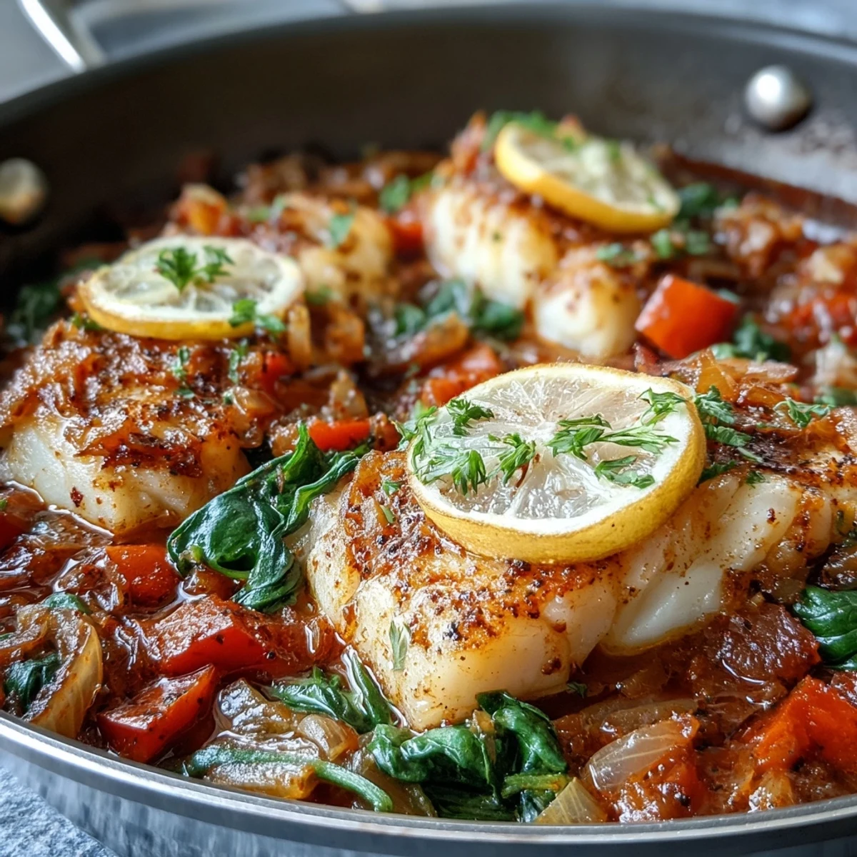Hearty Mediterranean Spiced Cod One Pot dinner plated with steamed rice and crusty bread for soaking up the flavorful sauce.