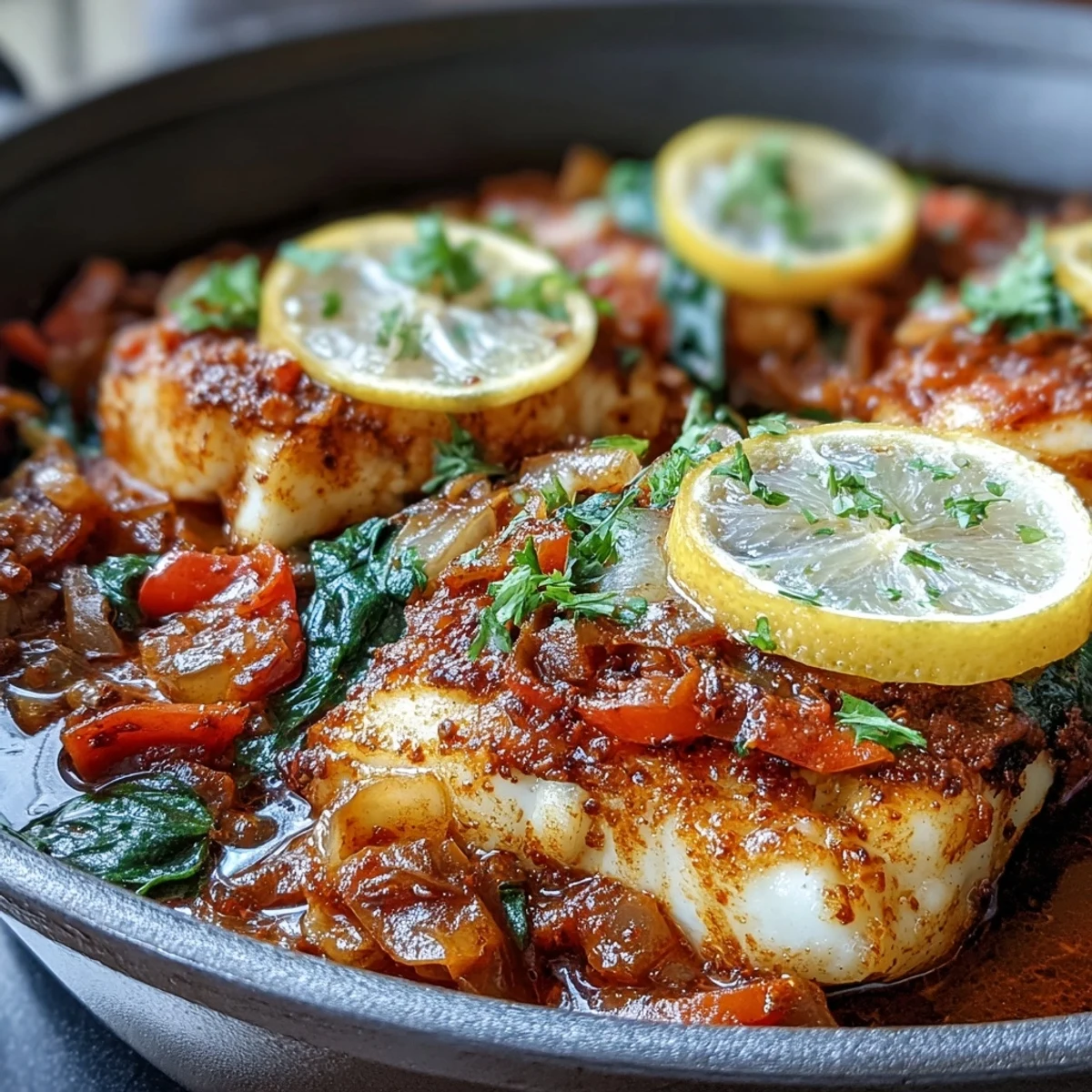 Ladle of rich tomato and spice sauce over golden Spiced Cod One Pot, with lemon slices and fresh cilantro garnish.