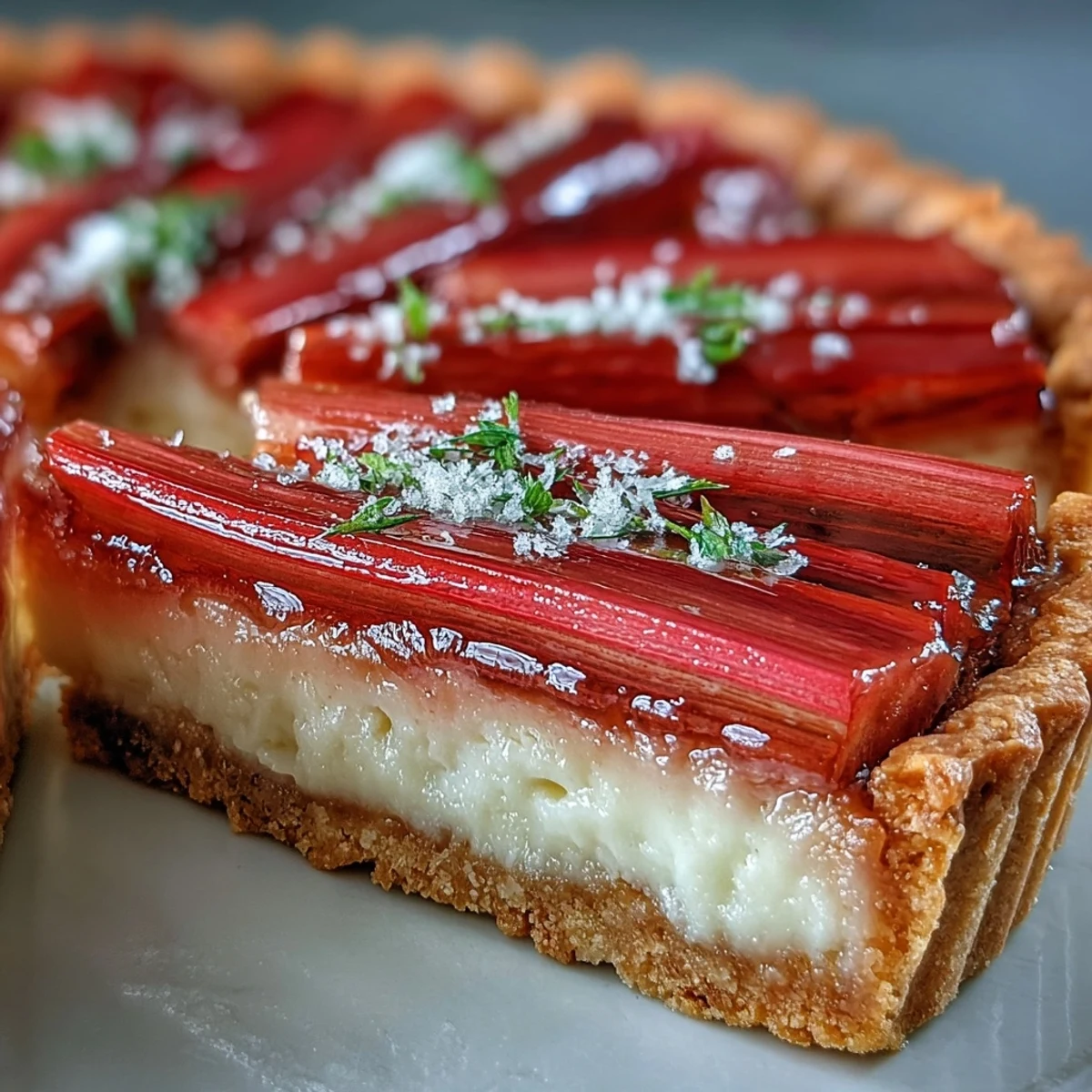 A slice of rhubarb, white chocolate, and elderflower tart reveals creamy custard and roasted pink rhubarb stalks on a golden crust.  