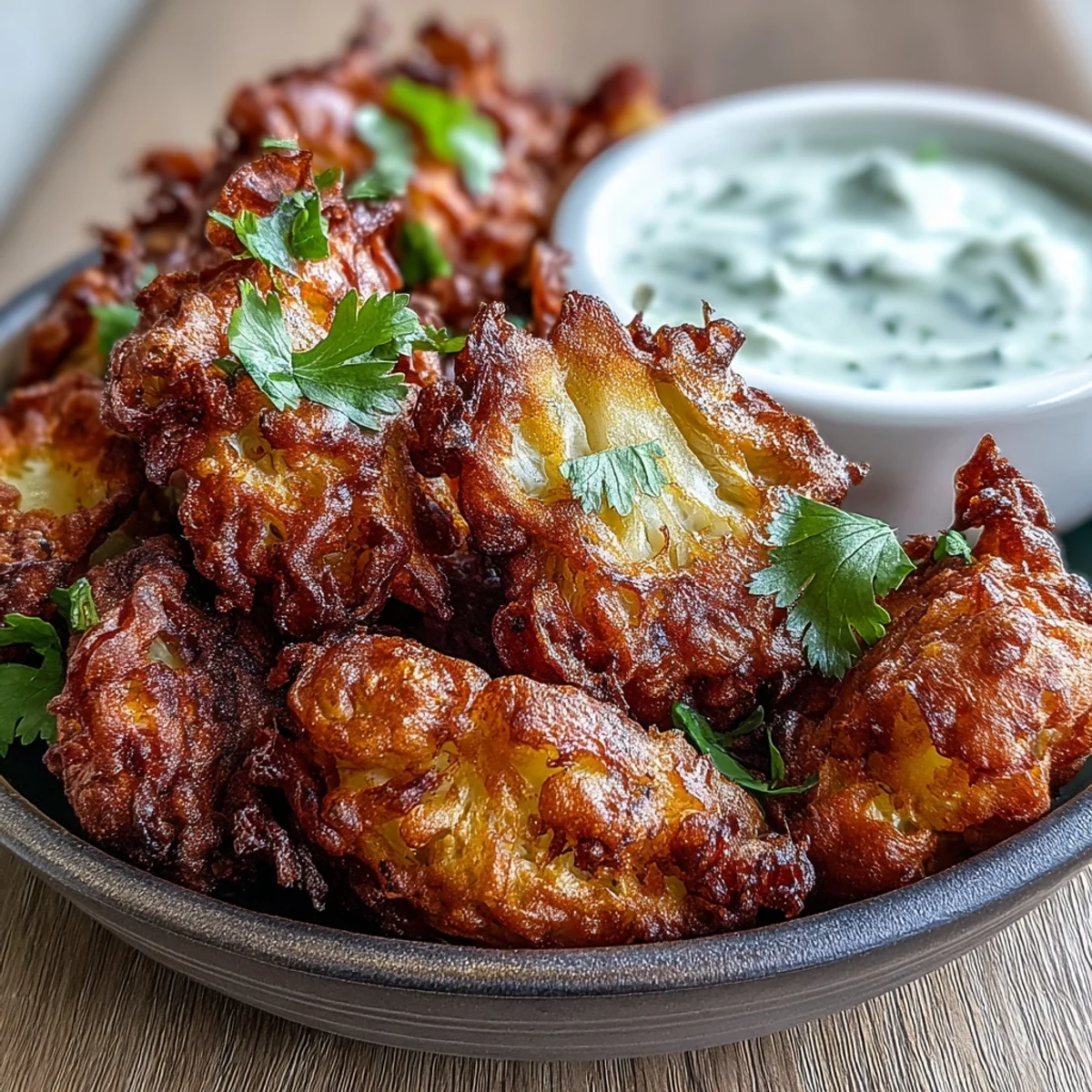 Golden Cauliflower Bhajis sizzling on a plate, served with a cooling yogurt dip.