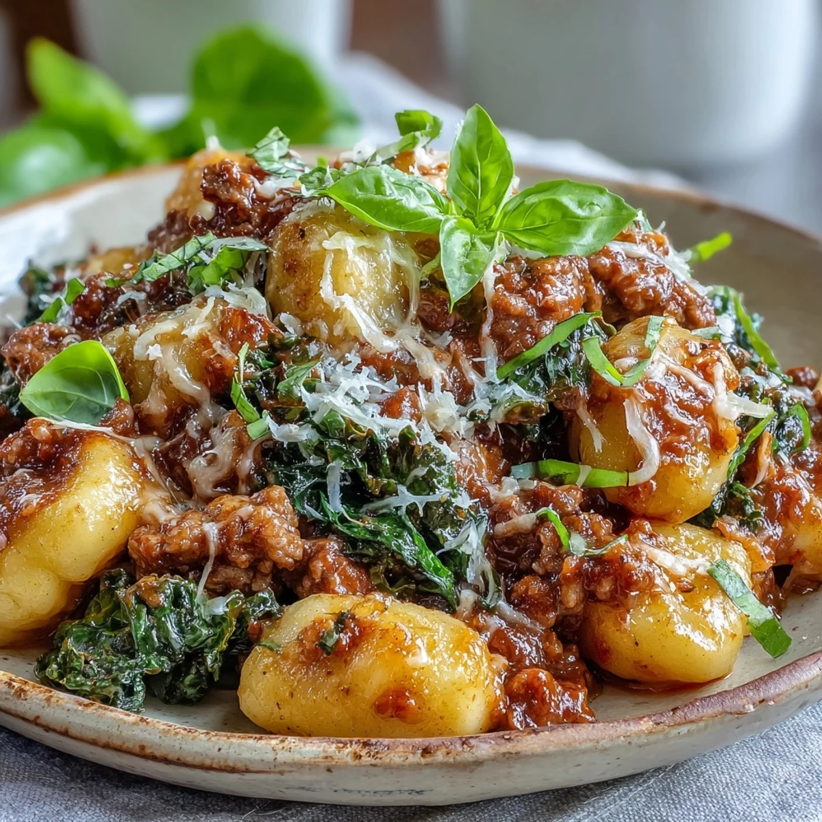 Steam rises from plump gnocchi tossed in a spicy sausage sauce and wilted kale.