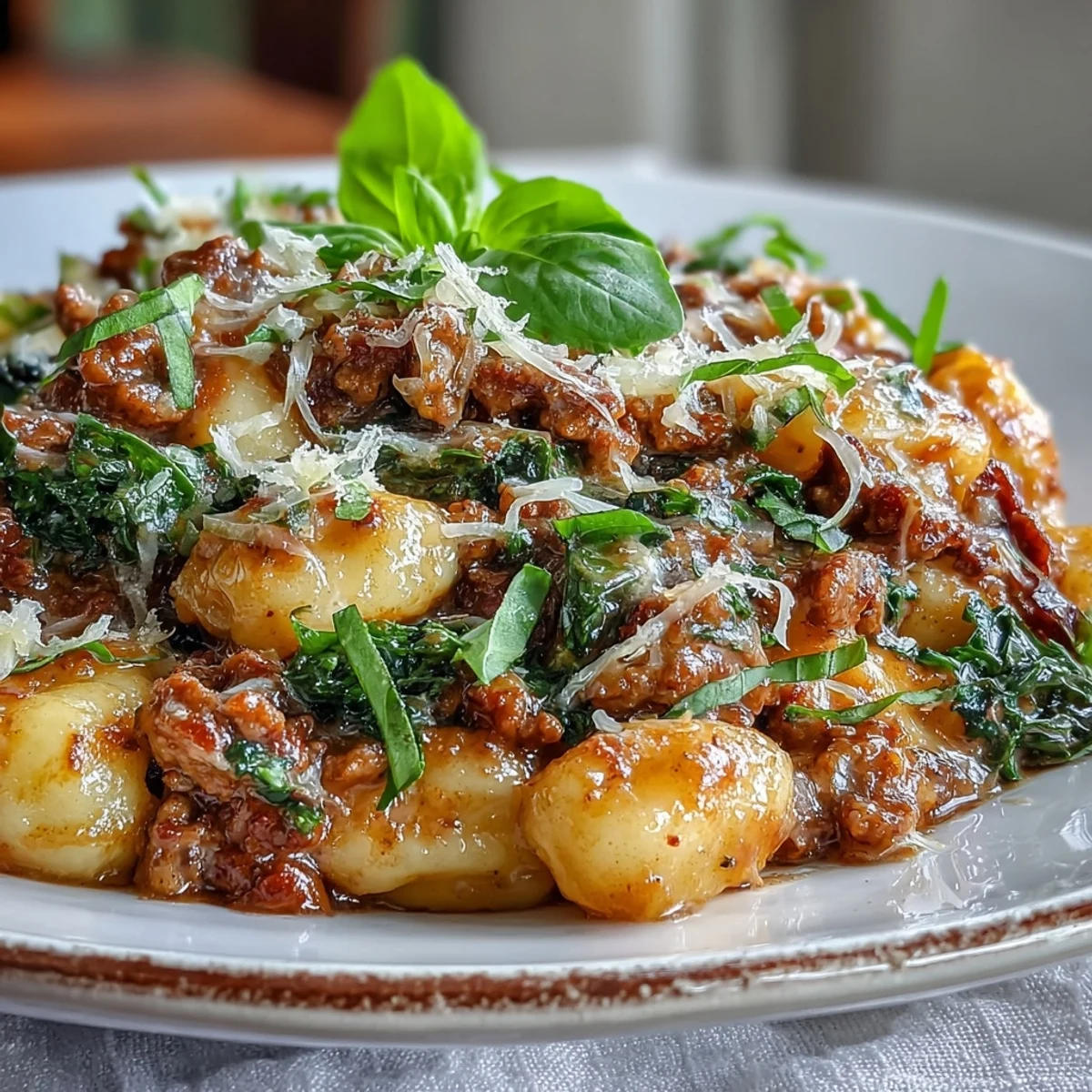 A close-up of Sausage Gnocchi with Kale in a rustic skillet, garnished with fresh basil and Parmesan.