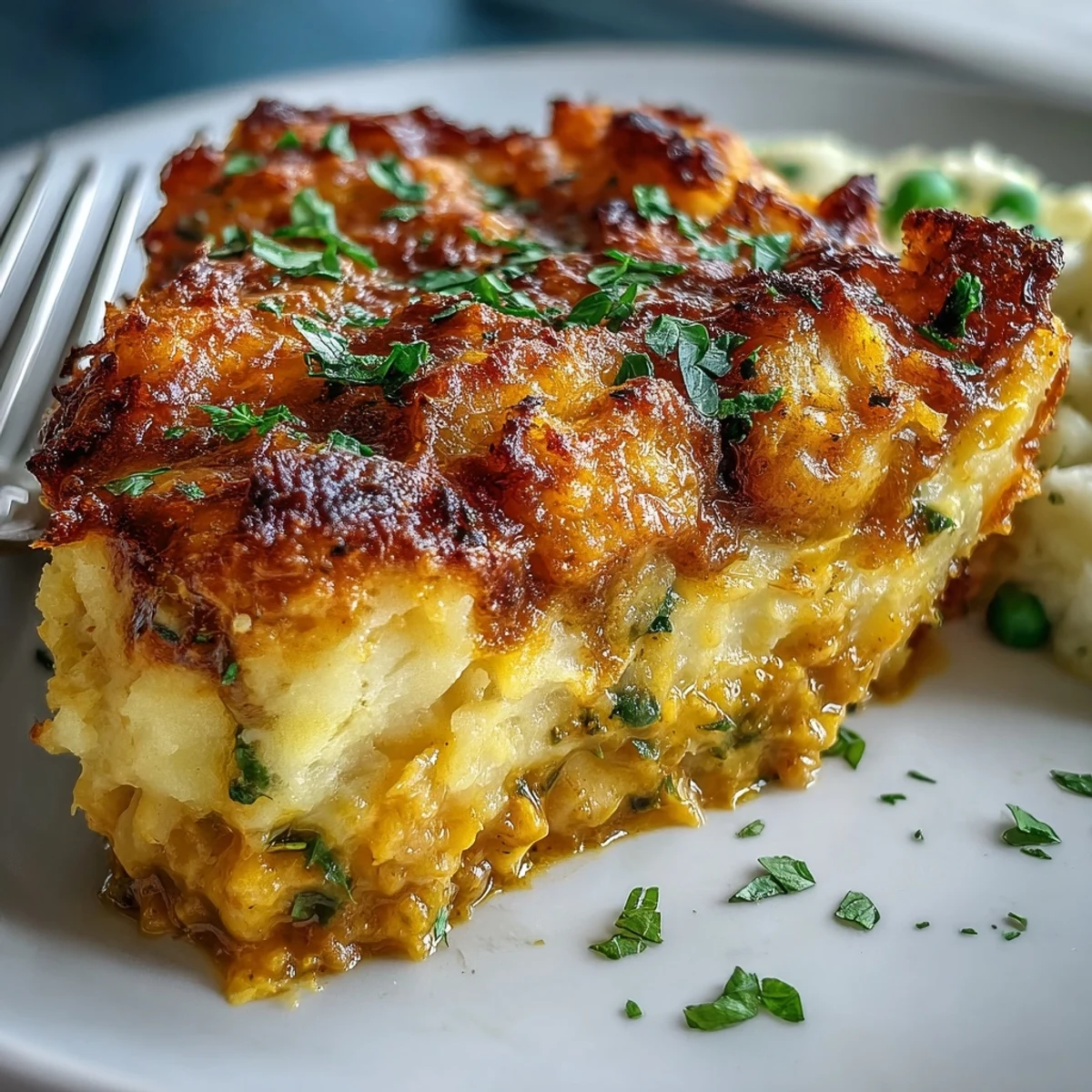 Creamy curried fish pie filling with tender chunks of cod and shrimp, topped with fluffy mashed potatoes and a sprinkle of fresh parsley.