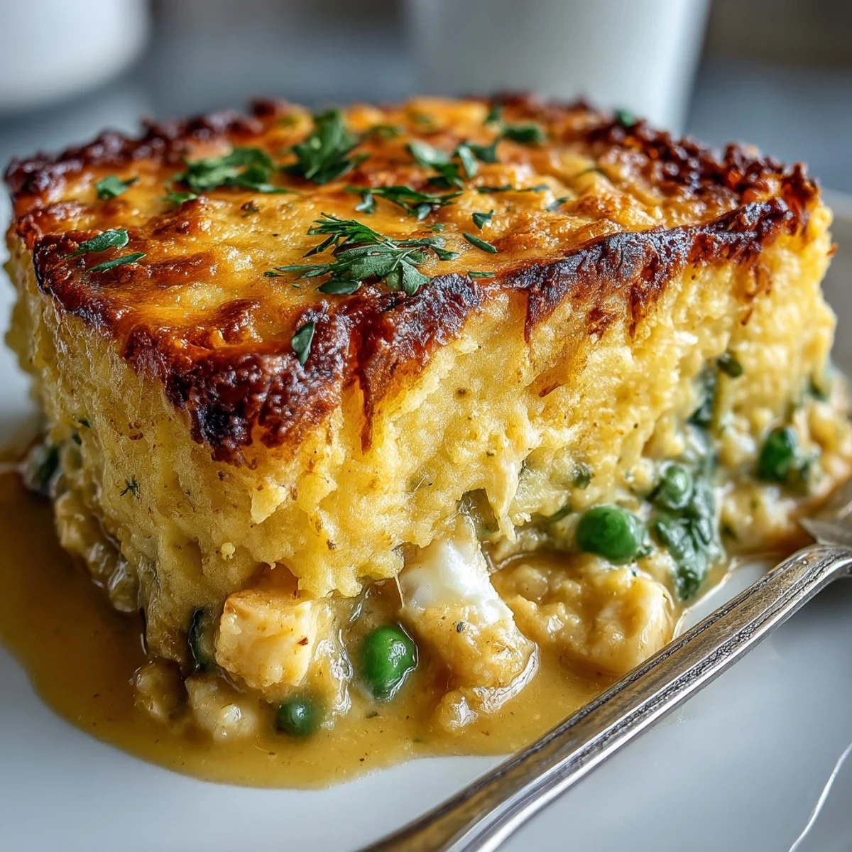 Golden-brown, crispy mashed potato topping on a savory Curried Fish Pie, ready to serve as a comforting British-inspired family dinner.