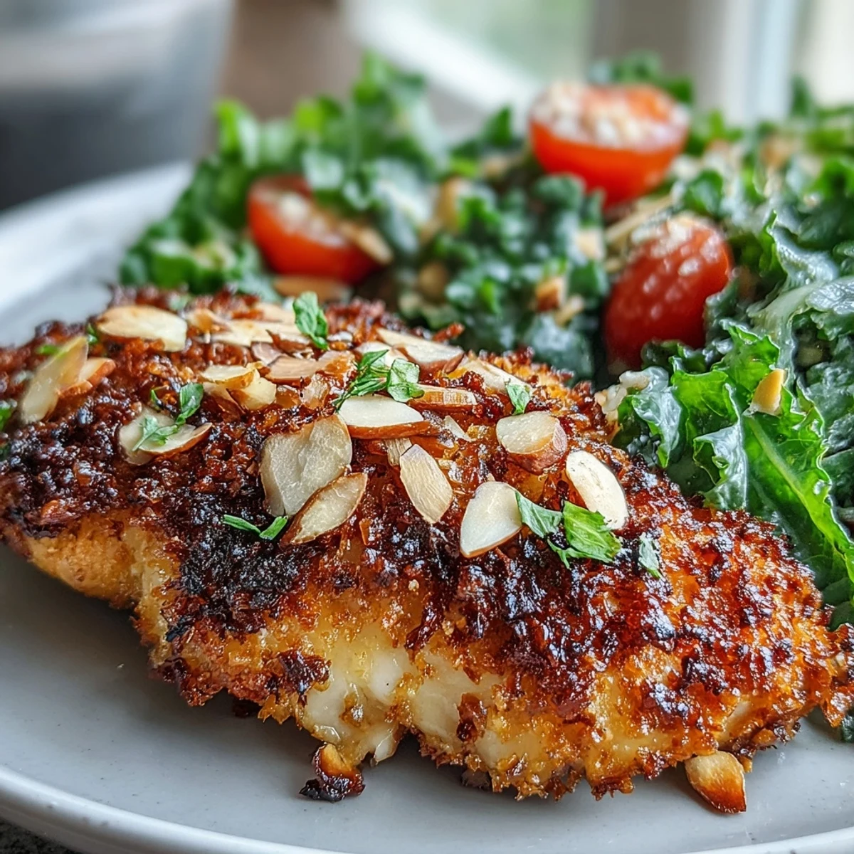 Golden almond-crusted chicken breasts served warm alongside a marinated kale and sumac salad with cherry tomatoes.