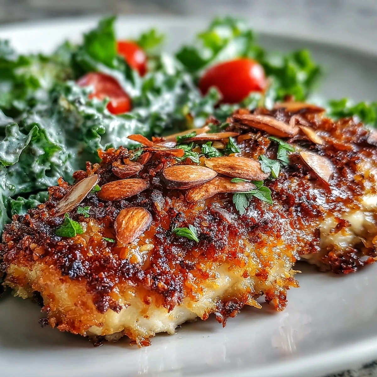 A plated serving of almond-crusted chicken with fresh kale, sumac, and slivered almonds.