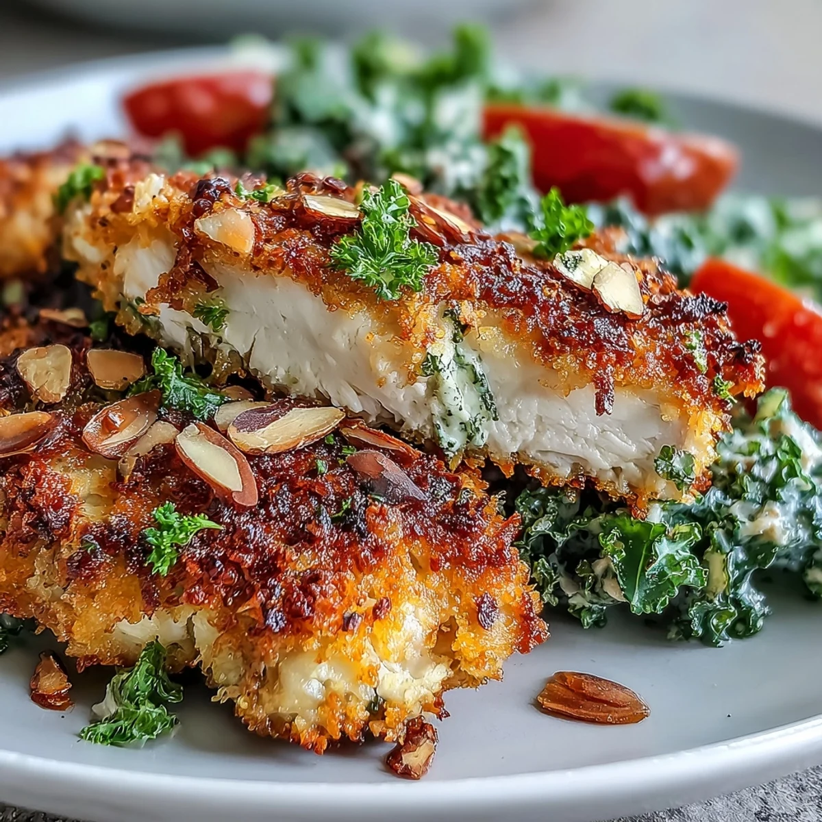 Crispy gluten-free chicken with crunchy almond coating next to a vibrant kale and sumac salad.