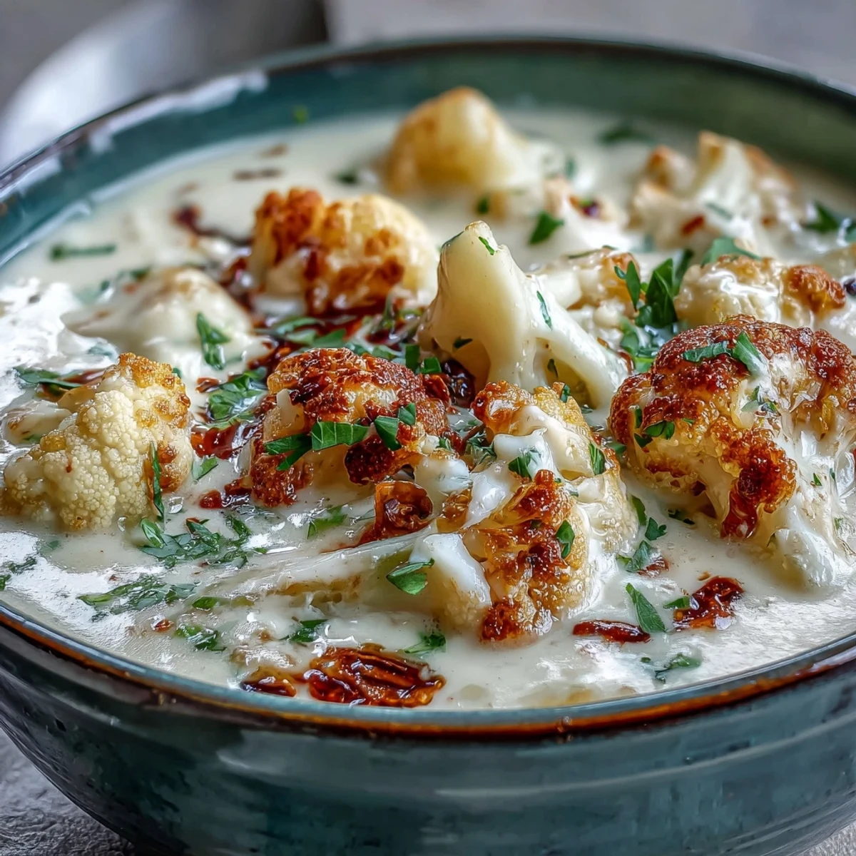 Steaming vegetarian cauliflower chowder with tender potatoes, carrots, and a sprinkle of red pepper flakes.
