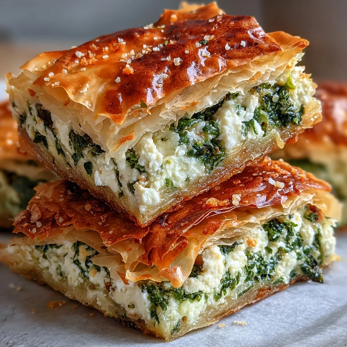 Freshly baked Feta and Kale Börek with crispy filo pastry and visible kale pieces.