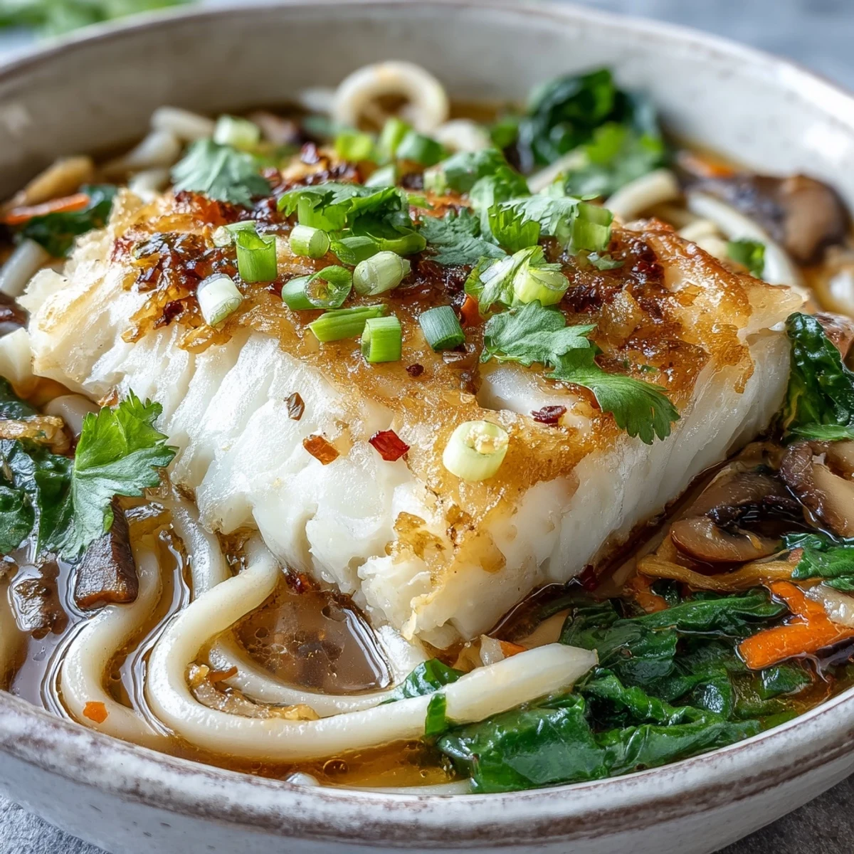 Steaming bowls of Poached Cod With Spiced Coconut Broth and Udon Noodles topped with fresh herbs.