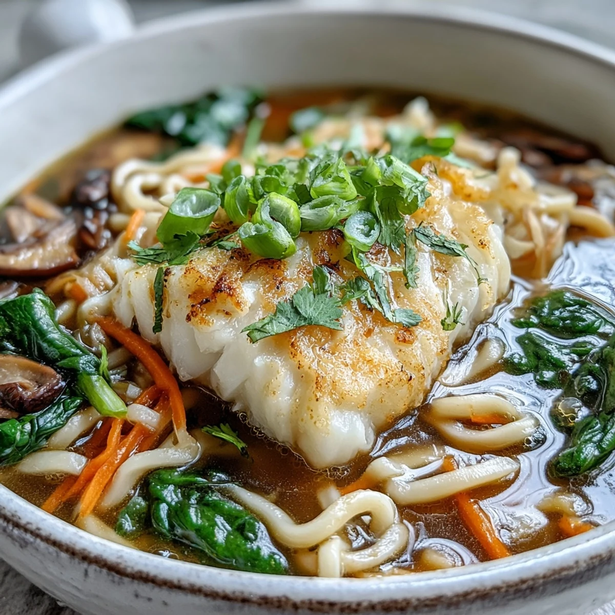 Tender pieces of poached cod nestled in a creamy, aromatic coconut broth alongside silky udon noodles.