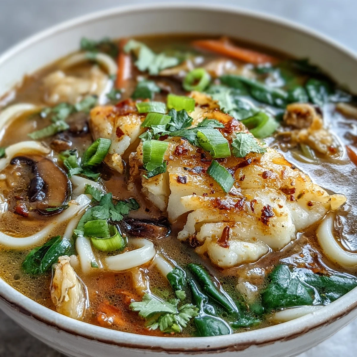 Vibrant bowls of Poached Cod With Spiced Coconut Broth and Udon Noodles garnished with green onions and cilantro.