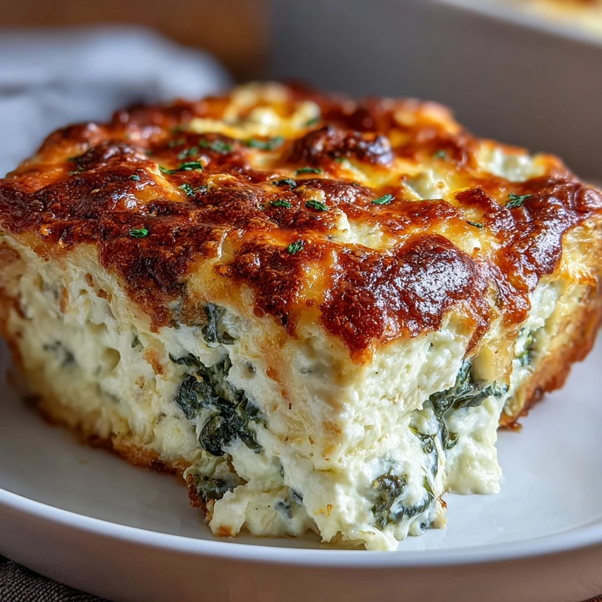 Spoon lifting a creamy slice of High Protein Spinach Artichoke Bake showing spinach and artichoke pieces.