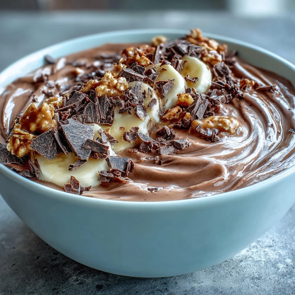 A close-up of a Chocolate Peanut Butter Smoothie Bowl, thick and creamy, topped with banana slices, granola, and chopped dark chocolate.