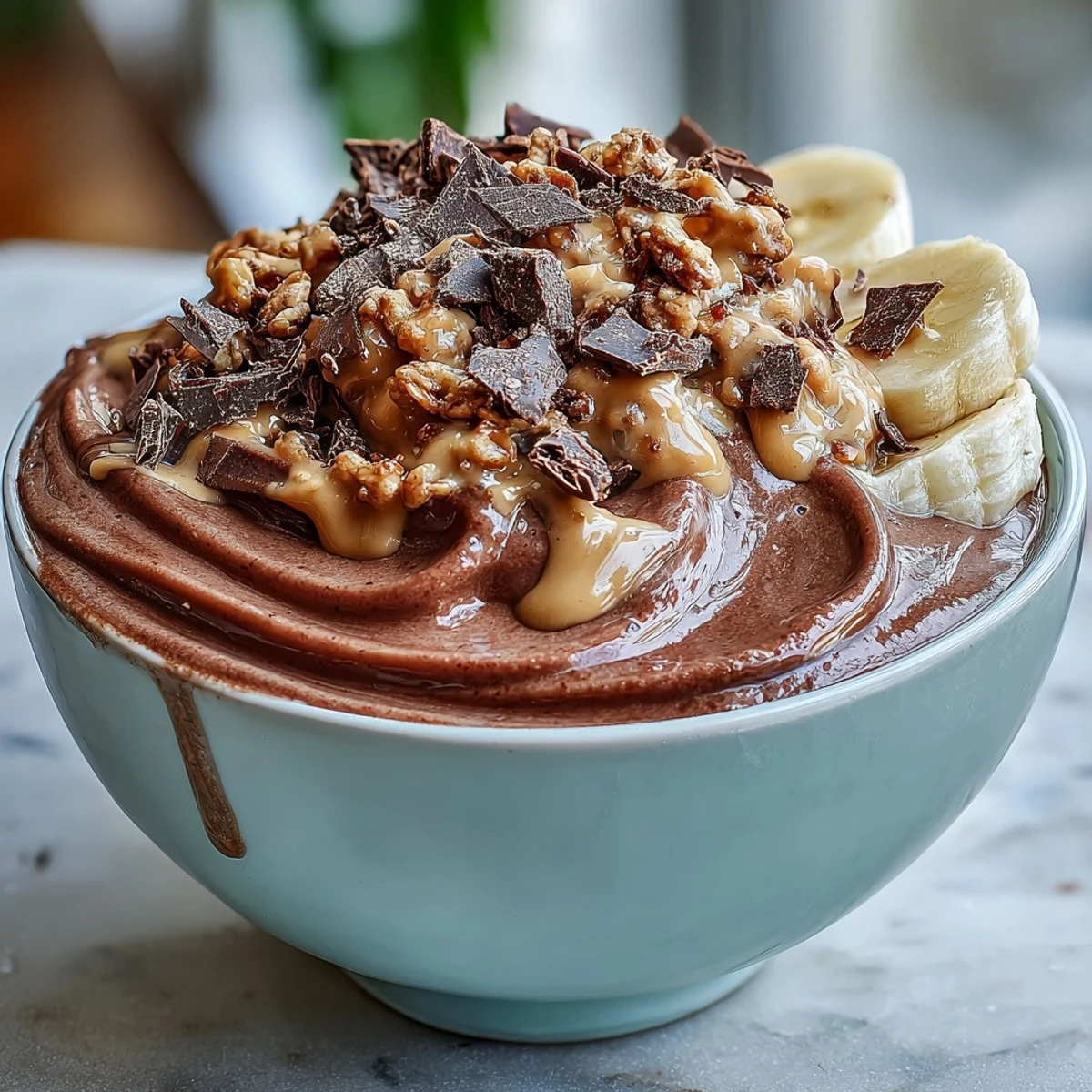 A freshly prepared Chocolate Peanut Butter Smoothie Bowl in a white bowl, featuring a drizzle of peanut butter and ripe banana slices.