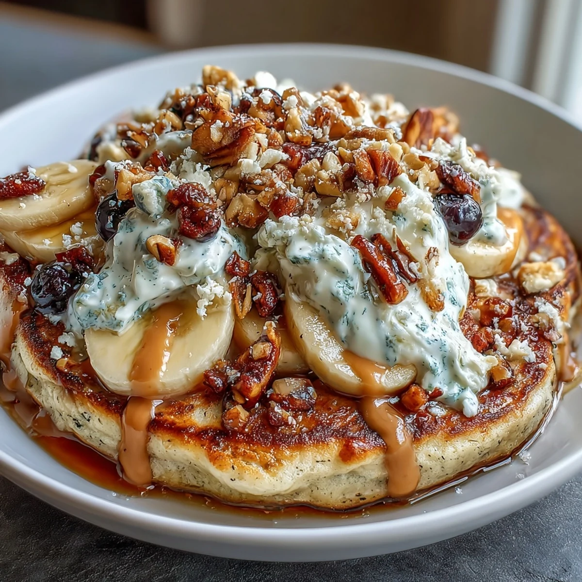 Warm Protein Pancake Bowl with fluffy oats and banana, topped with creamy Greek yogurt, fresh berries, and crunchy walnuts.