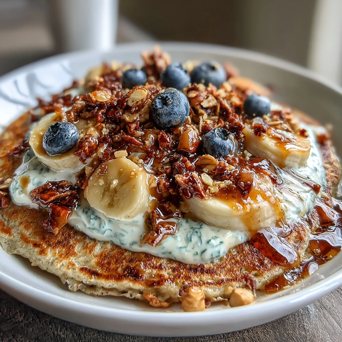 Golden Protein Pancake Bowl drizzled with honey, featuring sliced bananas, blueberries, and a dollop of tangy Greek yogurt.