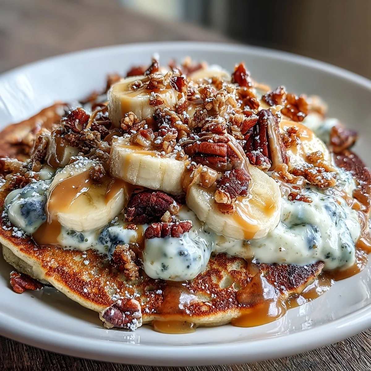 Close-up of a hearty Protein Pancake Bowl layered with nut butter, granola, and vibrant berries for a satisfying breakfast.