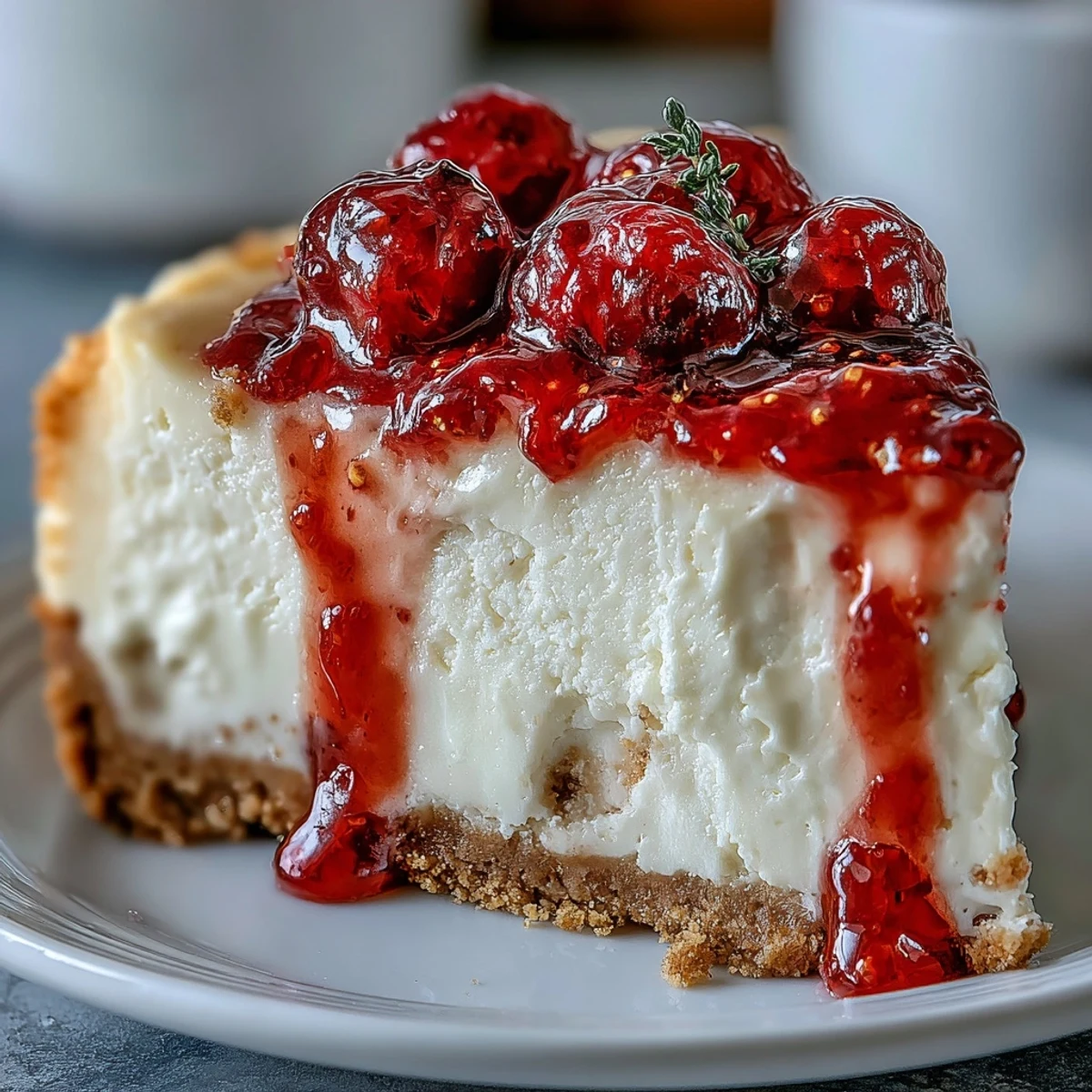 A slice of Indulgent White Chocolate Raspberry Cheesecake Bliss reveals a creamy filling and a vibrant red swirl on a buttery graham cracker crust.