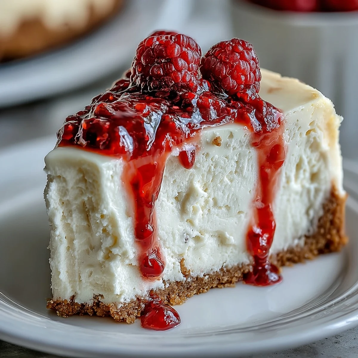 Fresh raspberries garnish a creamy slice of Indulgent White Chocolate Raspberry Cheesecake Bliss beside a cup of coffee for a sweet finish.