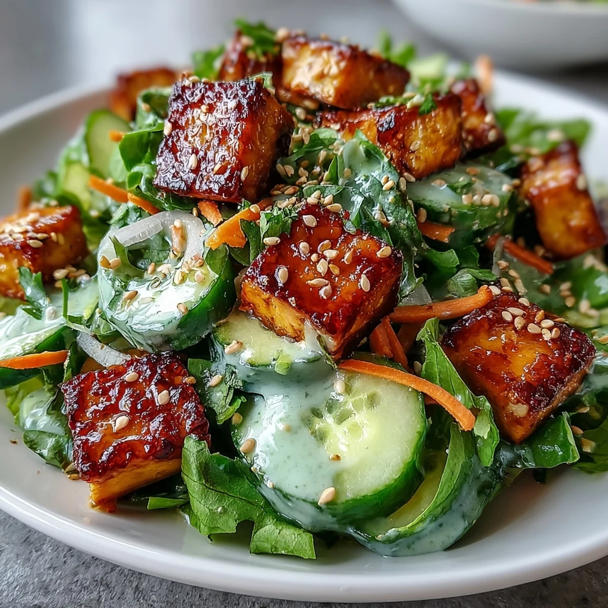 Overhead view of Creamy Asian Cucumber Salad with Crispy Tofu, highlighting crunchy cucumbers, green onions, and toasted sesame seeds on a white plate.
