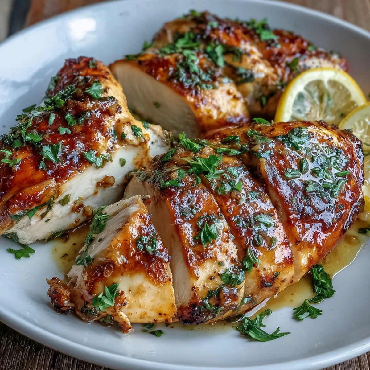 Golden-brown oven baked chicken breast fresh from the oven, resting on a baking sheet with lemon slices and fresh parsley garnish.