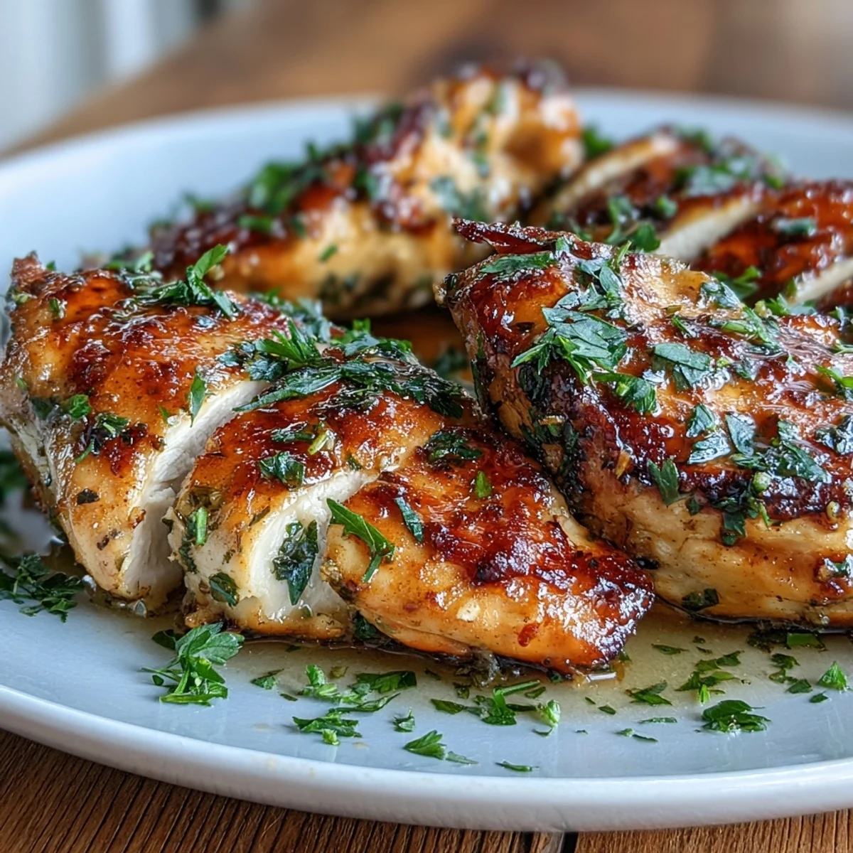 Seasoned oven baked chicken breast prepared on parchment paper, showing the savory spice rub and olive oil before baking in a glass dish.