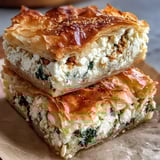 A vegetarian Turkish-inspired Feta and Kale Börek sliced to show its creamy filling.