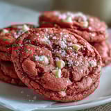 Stack of Pink Velvet Cookies showing soft centers and white chocolate chips, ideal for a sweet snack.