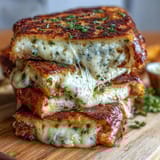 Sizzling brown butter garlic naan grilled cheese sandwich with melted mozzarella and herbs, served warm with a rustic background.