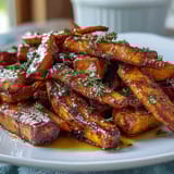 Honey Roasted Carrots and Parsnips with a glossy honey glaze, caramelized edges, and fresh thyme garnish.