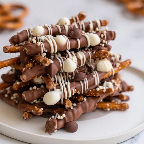 Chocolate covered pretzel stick stack, a decadent treat with layers of dark and white chocolate.