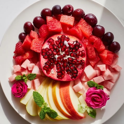 Beautifully arranged Pomegranate Pivot fruit platter with juicy red, pink, and white fruits.