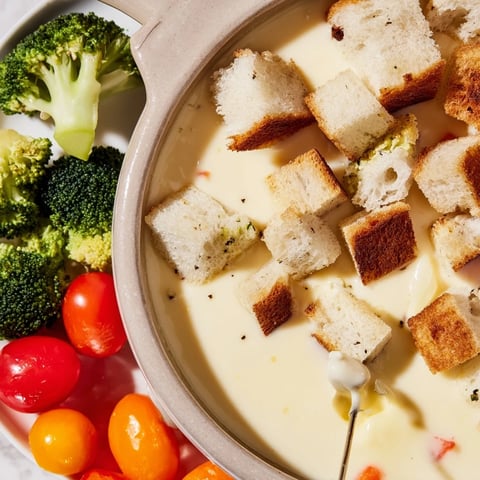 Warm, bubbling Swiss cheese fondue with crusty bread and crisp vegetables, ready for dipping.