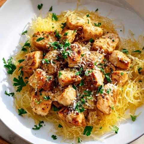Golden-brown lemon garlic chicken nestled in roasted spaghetti squash strands, garnished with fresh parsley and Parmesan for a light, gluten-free dinner.  