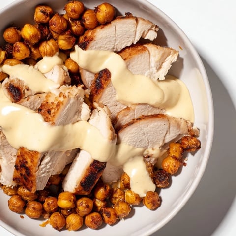 Juicy roasted chicken and crispy chickpeas top hearty farro and fresh greens in a Lemon Tahini Chicken Power Bowl, drizzled with creamy sauce.