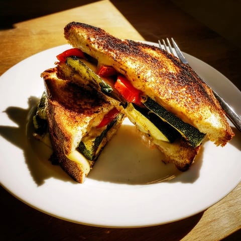 Golden-brown Roasted Veggie Caprese Grilled Cheese oozing melted mozzarella and roasted peppers on a rustic board.