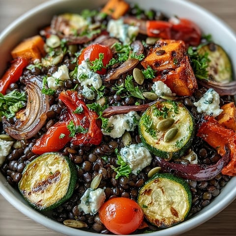 Close-up of Black Lentil Salad showcasing tender Beluga lentils, roasted vegetables, and fresh parsley tossed in zesty lemon dressing.