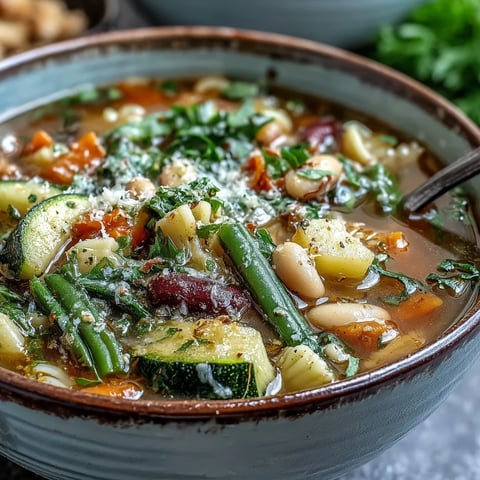 A hearty bowl of Minestrone Vegetable Soup garnished with fresh parsley and Parmesan cheese.