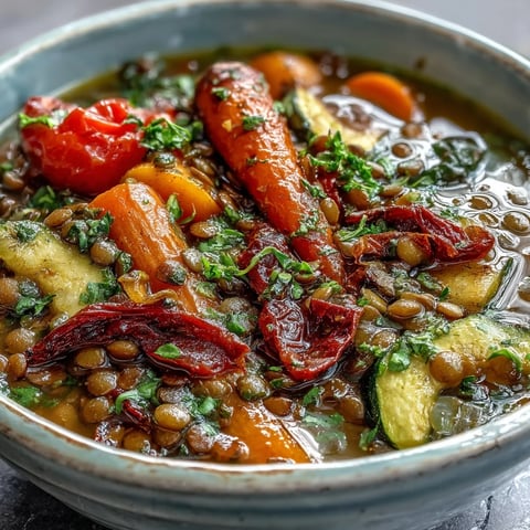 Steaming bowl of homemade Lentil and Vegetable Soup, featuring tender lentils, carrots, and celery in a rich broth.