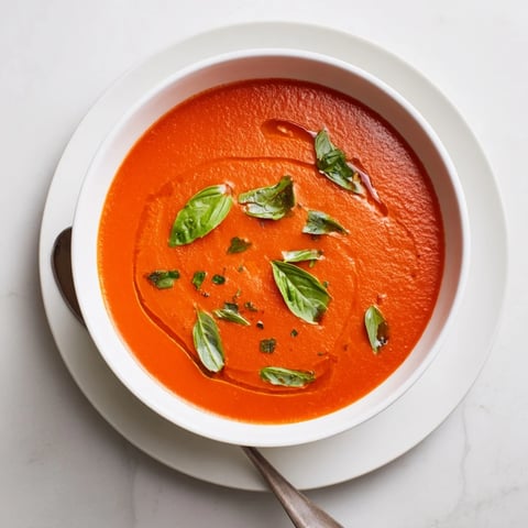 Hearty Tomato and Basil Soup simmered in a pot, garnished with fresh basil and a swirl of olive oil.