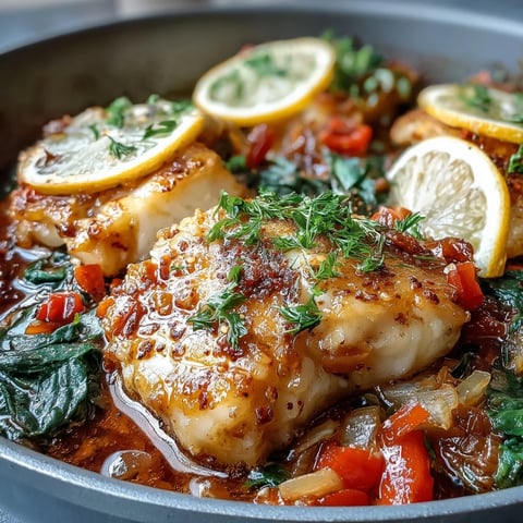 Aromatic Spiced Cod One Pot with tender flaky fish, bell peppers, and wilted spinach served in a rustic pot.