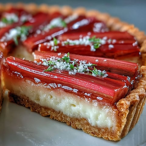 A slice of rhubarb, white chocolate, and elderflower tart reveals creamy custard and roasted pink rhubarb stalks on a golden crust.  