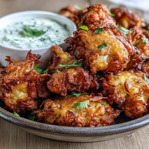 Golden, crispy Cauliflower Bhajis are served hot with a cooling yogurt dip and fresh mint garnish.