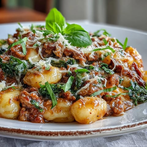 A close-up of Sausage Gnocchi with Kale in a rustic skillet, garnished with fresh basil and Parmesan.